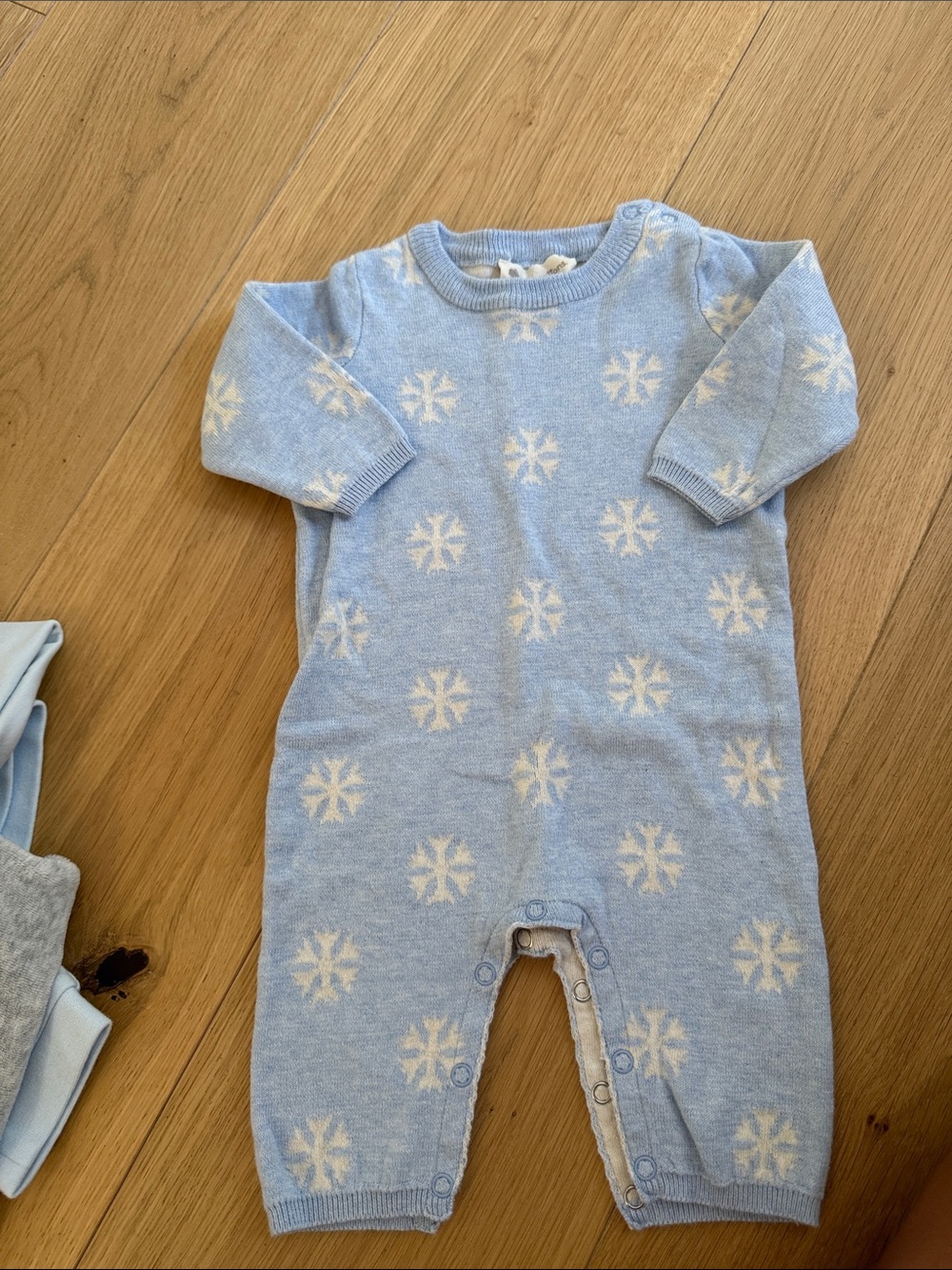 babycottons Light Blue Knit Footie with White Snowflake Pattern
